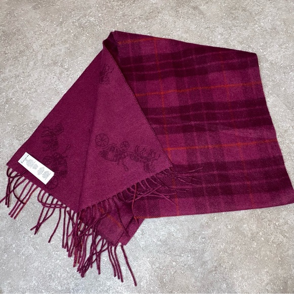 Coach Wool and Cashmere Burgundy Bright Violet Plaid Horse Scarf reversible - Picture 2 of 5